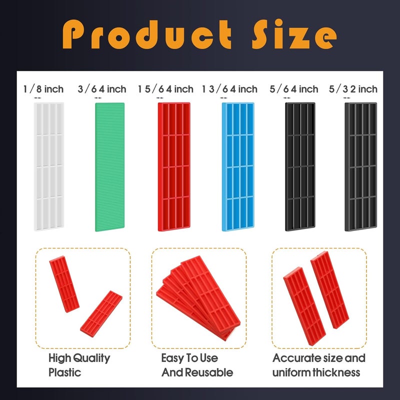 LEIFIDE 300 Pieces Plastic Flat Shims Structural Tile Plastic Shims for Leveling, 3/64, 5/64, 1/8, 5/32, 13/64, 15/64 Inch, Green, Black, White, Grey, Blue, Red - Image 2